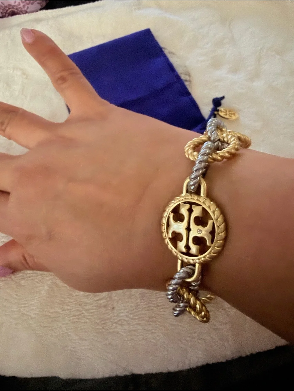 Tory Burch Gold and Silver Twisted Rope Chain Bracelet with Logo Medallion